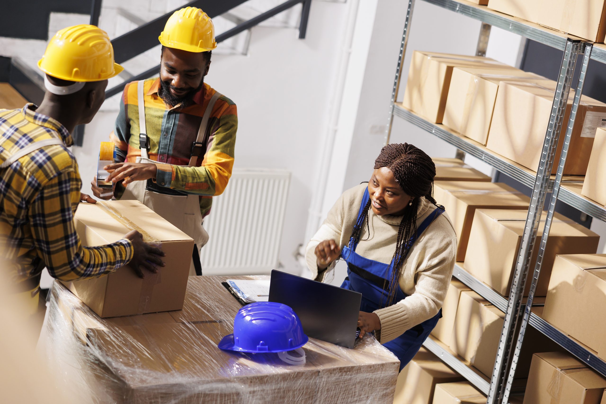 Warehouse manager checking orders list, coordinating parcels packing process